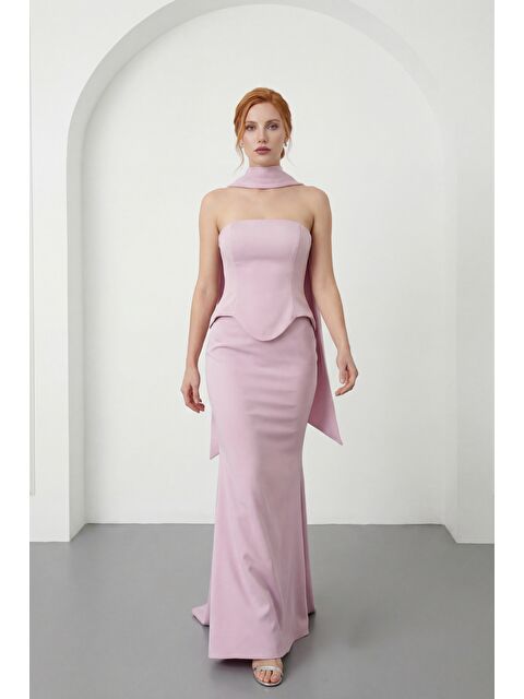 Lafaba Kadın Pudra Dar Kalıp Şal Yaka Uzun Balık Abiye Elbise - S000529269-7152