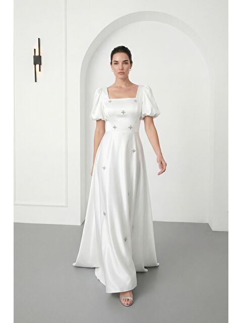 Lafaba Kadın Beyaz Kare Yaka Balon Kol Taşlı Uzun Saten Abiye Elbise - S000529271-20063