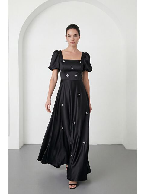 Lafaba Kadın Siyah Kare Yaka Balon Kol Taşlı Uzun Saten Abiye Elbise - S000529271-19351