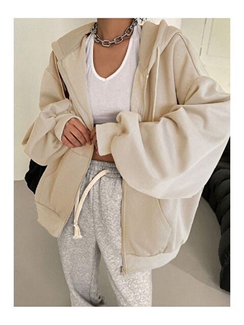 Trendseninle Kadın BeJ Kapüşon Detay Fermuarlı Sweatshirt - S000109545-19928