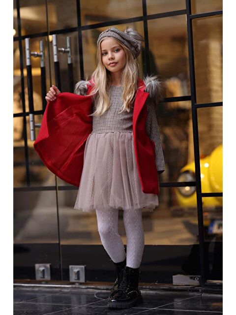 Riccotarz Kız Çocuk Üzeri Kare Desenli Eteği Tüllü Elbise Kürk Detaylı Kolsuz Kırmızı Kaşe - S000437433-20045
