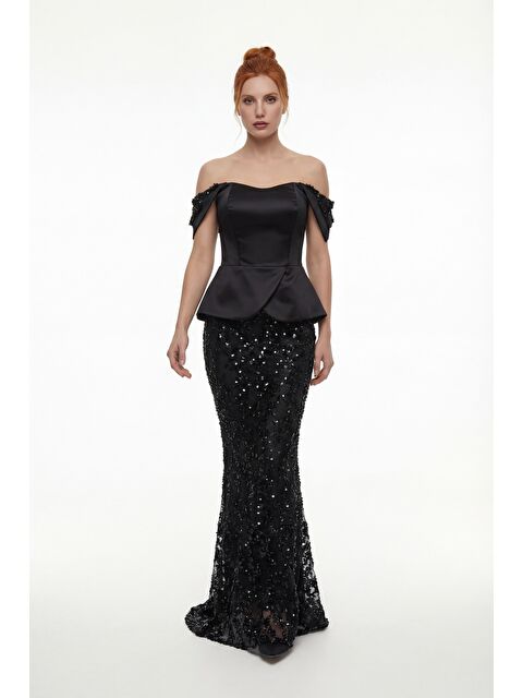 Lafaba Kadın Siyah Dar Kalıp Kayık Yaka Payetli Uzun Abiye Elbise - S000529273-19351