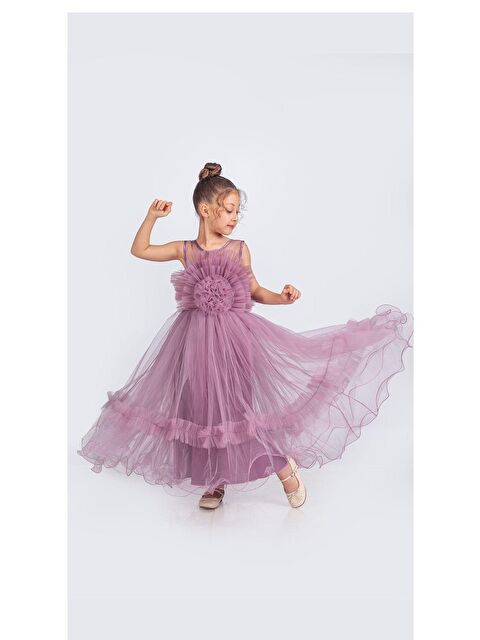 Mnk Baby & Kids Uzun Etekli , Askılı Kız Cocuk Gül Motif Abiye Elbise M00670 - S000388572-20036