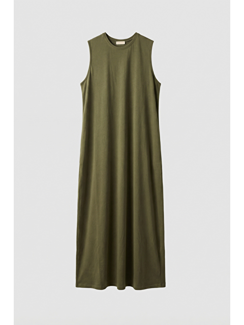 ALLDAY Haki-Büyük Beden Pamuklu Bisiklet Yaka Kolsuz Elastanlı Elbise - S000501492-18547