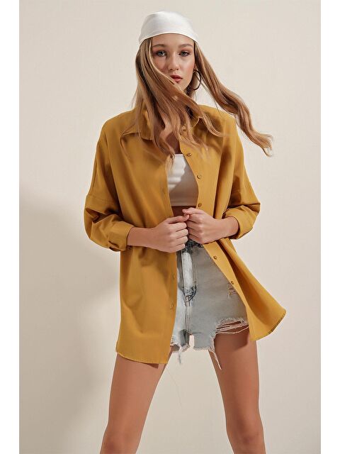 Bigdart 3900 Oversize Uzun Basic Gömlek - Hardal - S000081512-20074