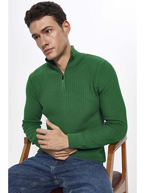 TUDORS Erkek Slim Fit Dar Kesim Dik Yaka Fermuarlı Yeşil Kazak