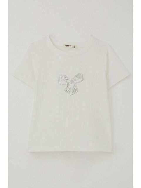 Breeze Kız Çocuk Tişört Taşlı Fiyonk Baskılı Ekru (8-14 Yaş) - S000505638-19965