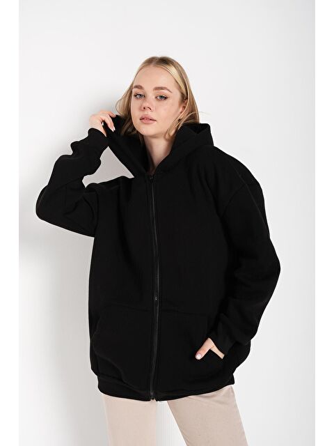 Trendseninle Kadın Siyah Oversize Sweatshırt Fermuarlı - S000109548-19351