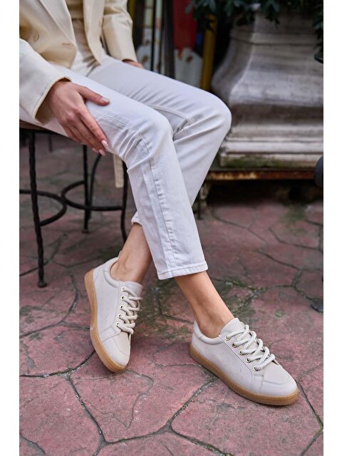 MADAMRA Kalın Bağcıklı Deri Görünümlü Spor Ayakkabı Sneaker Bej - S000266216-19928