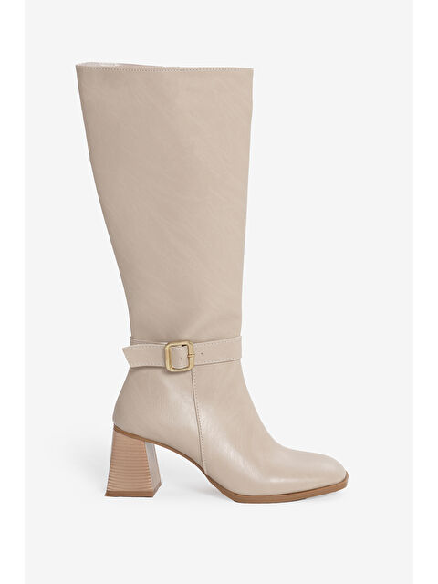 TONNY BLACK Kadın Bej TPU Taban Tokalı Fermuarlı Diz Altı Topuklu Çizme - S000493969-19928