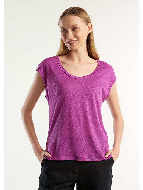 United Colors Of Benetton Kadın Mor %100 Keten Rahat Kalıp Geniş Bisiklet Yaka Kolsuz Tişört - S000306204-20042