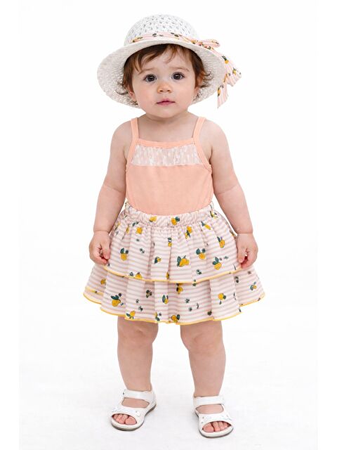 Kidex's Tatlı Kız Bebek Limon Desenli Tarz Etekli Takım Şapkalı 3’lü Kombin İçi Zıbınlı