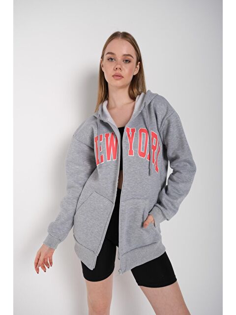 Trendseninle Kadın Gri Newyork Baskılı Sweat Hırka 000 - S000109549-20600