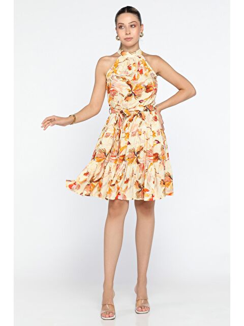 Gülseli Bel Kuşaklı Desenli Viskon Elbise - S000289578-19928