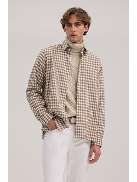 JAKAMEN Kahve Classic Fit Kareli %100 Pamuk Gömlek - S000495788-19413