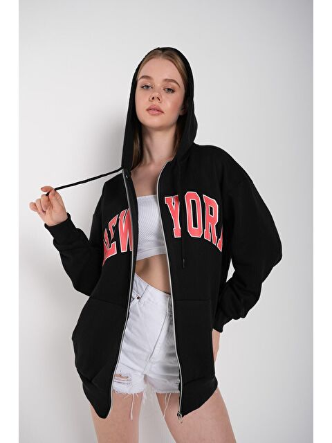 Trendseninle Kadın Siyah Newyork Baskılı Sweat Hırka 000 - S000109549-19351