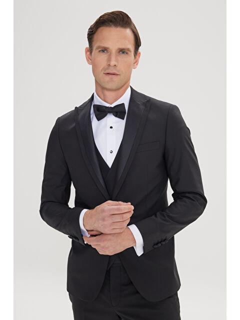 Altınyıldız Classics Erkek Siyah Slim Fit Dar Kesim Kırlangıç Yaka Yünlü Yelekli Smokin Takım - S000442610-19351