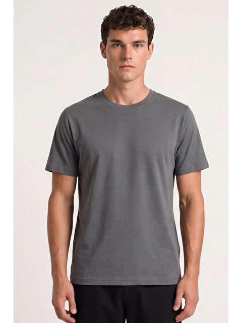 Sabri Özel Erkek Füme Normal Kesim %100 Pamuk Kısa Kollu Bisiklet Yaka Basic Tişört