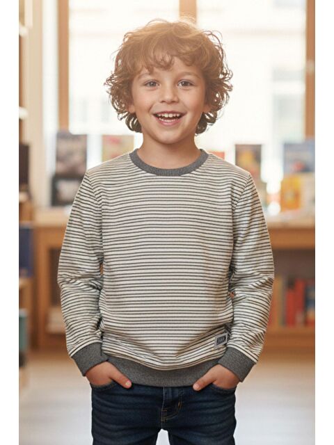 Breeze Erkek Çocuk Sweatshirt Arma Detaylı Çzgili Ekru (4-8 Yaş) - S000507696-19965
