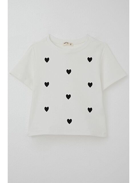 Breeze Kız Çocuk Tişört Kalp Nakış Detaylı Ekru (9-14 Yaş) - S000383791-19965