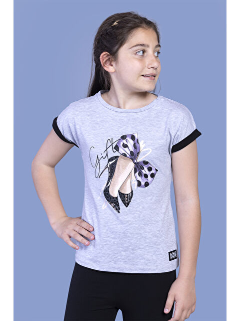 Toontoykids Kız Çocuk Fiyonk Baskılı Kolları Garni Detaylı Tişört