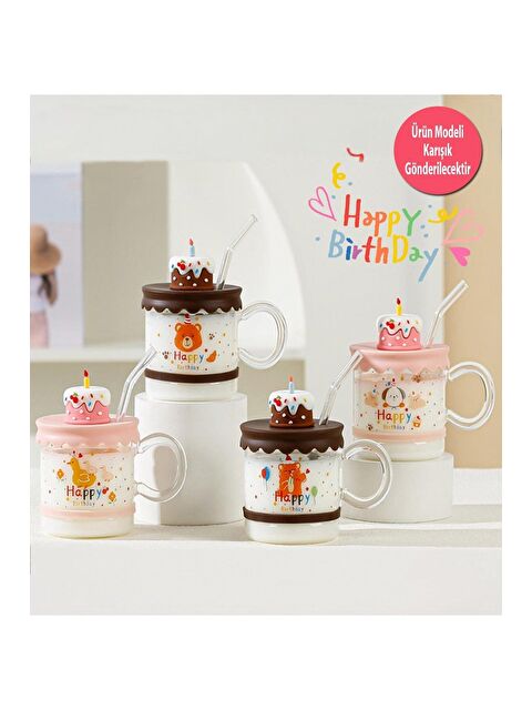 Bam Hediyelik Eşya Happy Tasarımlı Silikon Kapaklı Pipetli Cam Kupa - S000375248-23173