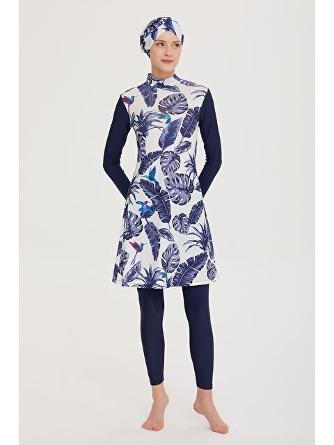 Remsa Mayo Tasarım Elastanlı Tesettür Mayo Mavi Yapraklar R900-105 - S000174649-21164