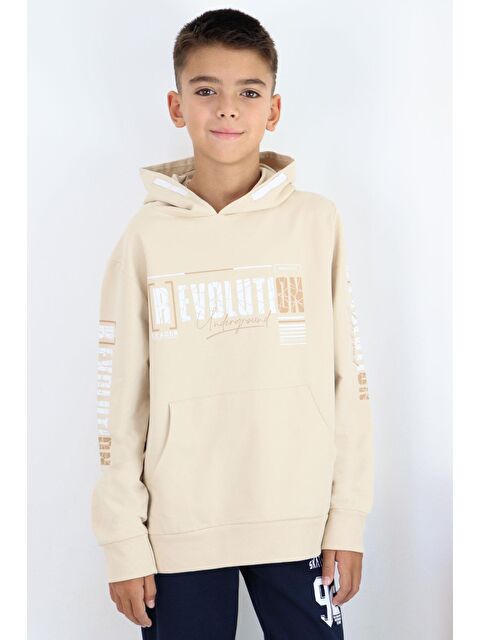 Breeze Erkek Çocuk Sweatshirt Kapüşonlu Kanguru Cepli Krem (9-16 Yaş)