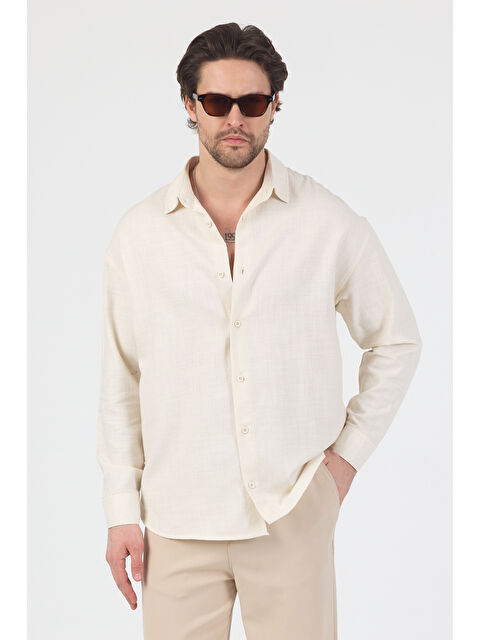 Danger Erkek Pamuklu Keten Görünümlü Gömlek Bej