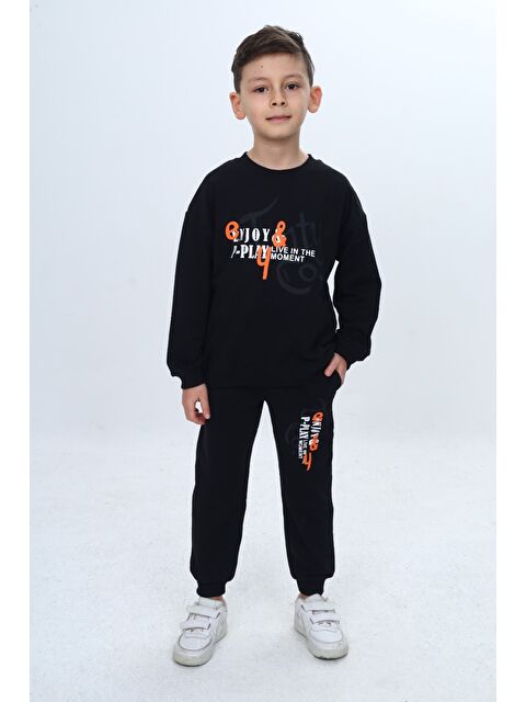Toontoykids Erkek Çocuk 2'li Takım Baskılı Bisiklet Yaka Kısa Kollu Sweatshirt & Beli Paçası Lastikli Cepli Jogg