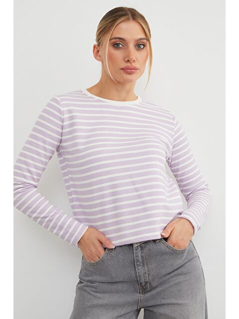 Fullamoda 3 İplik Şardonsuz Çizgili Bisiklet Yaka Sweatshirt - S000445605-17878