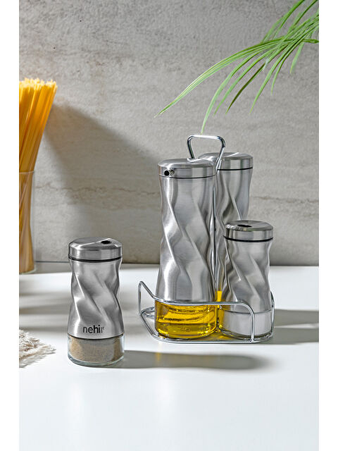 Nehir Burgulu Standlı 4 Parça Paslanmaz Çelik Yağdanlık ve Baharatlık Seti - S000518633-18105