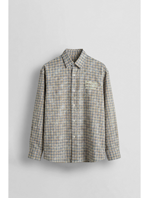 Abluka Online Erkek Boxy Fit Ekose Uzun Kollu Gömlek Bej