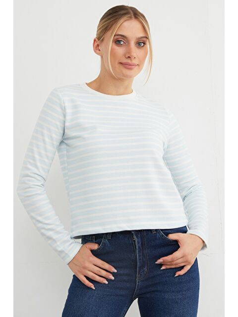 Fullamoda 3 İplik Şardonsuz Çizgili Bisiklet Yaka Sweatshirt - S000445605-17234