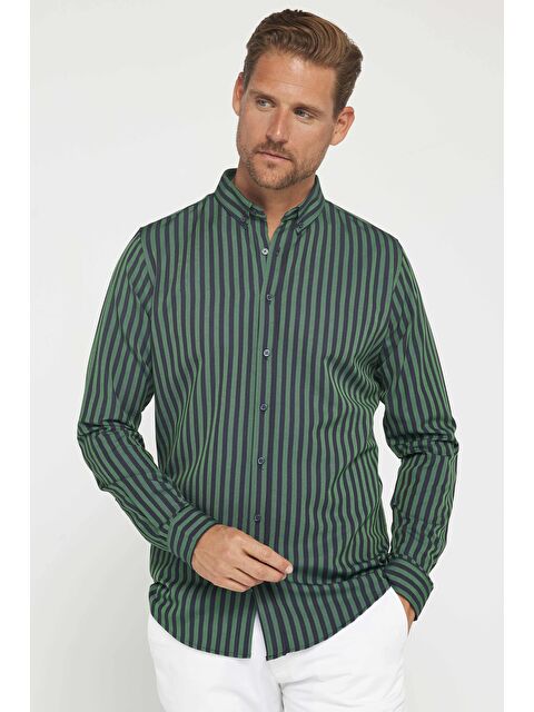 TUDORS Slim Fit Uzun Kollu Çizgili Yaka Düğmeli Erkek Gömlek - S000207312-37472