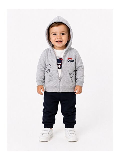 Kidex's Erkek Bebek Dino Baskılı Kapüşonlu 3lü Takım Fermuarlı Hırka Tişört Pantolon