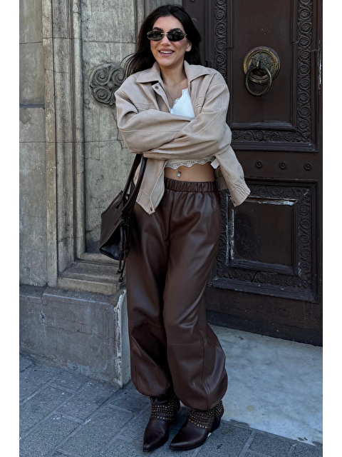 Madmext Kahverengi Lastikli Bel Kadın Deri Balon Pantolon Mg2701 - S000517707-19413