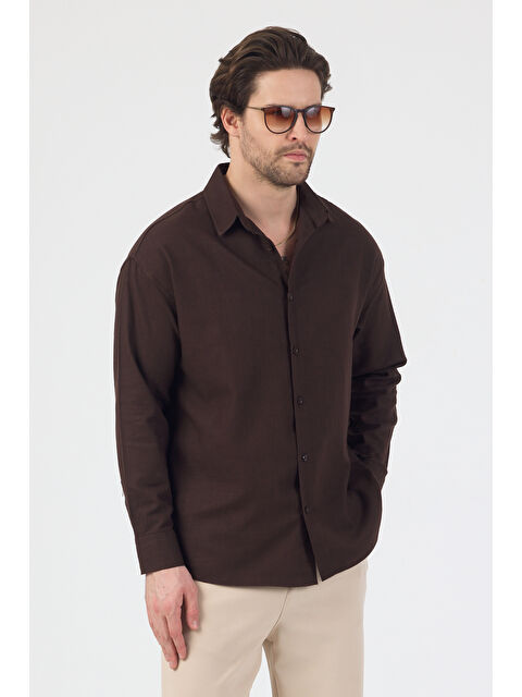 Danger Erkek Pamuklu Keten Görünümlü Gömlek Kahverengi