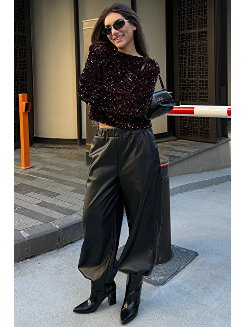 Madmext Siyah Lastikli Bel Kadın Deri Balon Pantolon Mg2701 - S000517707-19351
