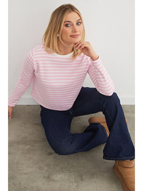 Fullamoda 3 İplik Şardonsuz Çizgili Bisiklet Yaka Sweatshirt - S000445605-20024