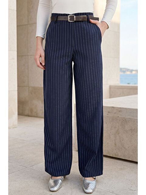 Gülseli Kadın Kemerli Çizgili Bol Paça Pantolon