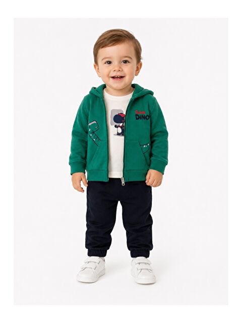 Kidex's Erkek Bebek Dino Baskılı Kapüşonlu 3lü Takım Fermuarlı Hırka Tişört Pantolon