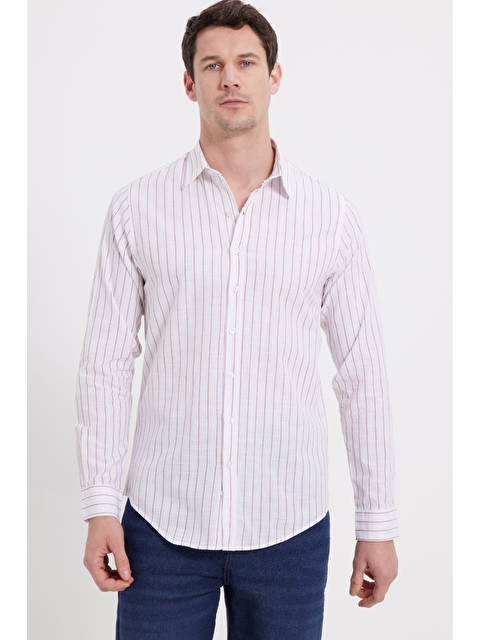 TUDORS Erkek Slim Fit Dar Kesim Uzun Kollu %100 Pamuk Keten Doku Çizgili Gömlek - S000519955-20063