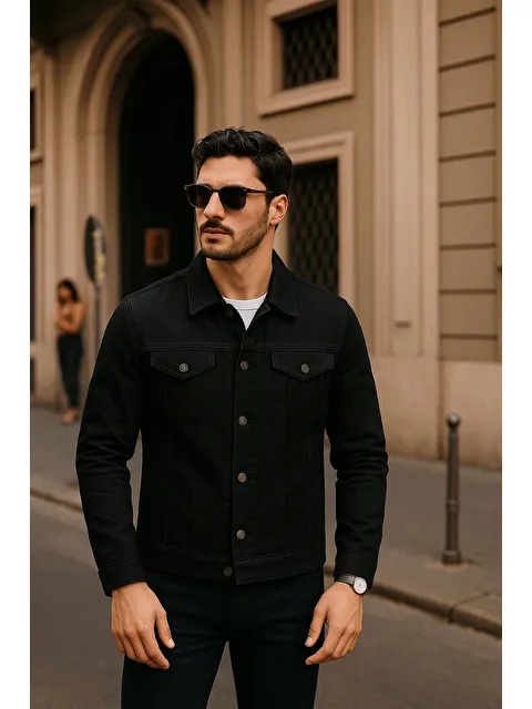 Comstar Erkek Günlük Mevsimlik Slim Fit Trend Siyah Jean Ceket