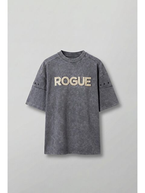 Abluka Online Erkek Yıkamalı Nakışlı Oversize T-Shirt Füme - S000394687-33408