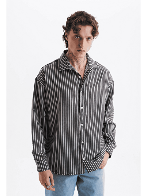 Danger Erkek %100 Pamuklu Çizgili Gömlek Siyah