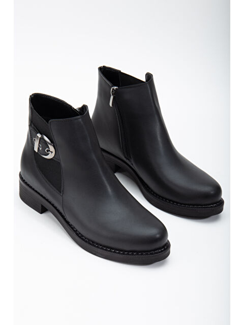 TONNY BLACK Kadın Siyah Cilt Termo Taban Yanı Lastikli Tokalı Kısa Topuklu Bot - S000272754-19351