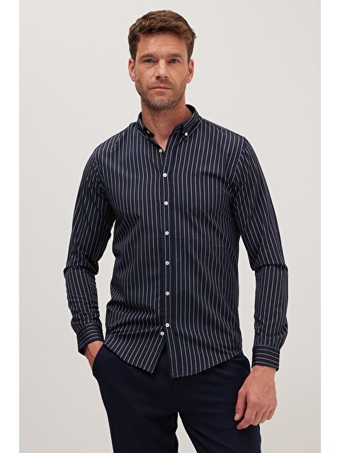 TUDORS Slim Fit Uzun Kollu Düğmeli Yaka Pamuklu Kolay Ütü Çizgili Erkek Gömlek - S000519958-21164
