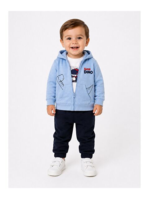 Kidex's Erkek Bebek Dino Baskılı Kapüşonlu 3lü Takım Fermuarlı Hırka Tişört Pantolon