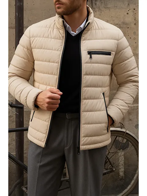 Comstar Erkek Kışlık Slim Fit Günlük Krem Şişme Mont